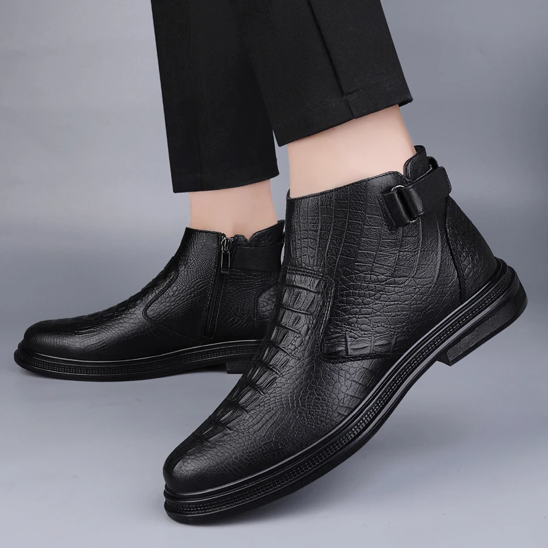 Bottines en cuir véritable pour homme avec fermeture éclair